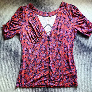 Free People Floral Top Size Large Ruched Sleeve Boho Stretch Button Front